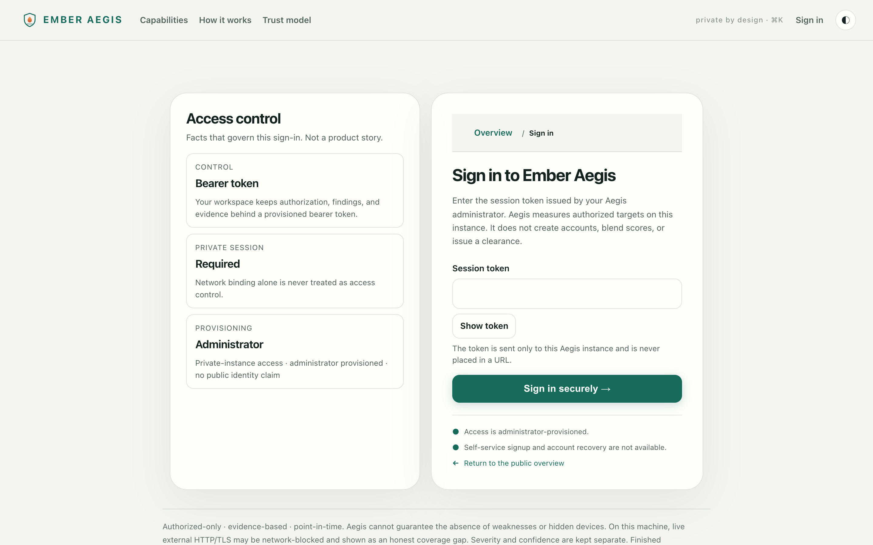 Aegis sign-in screen for the authorized-only security and trust intelligence platform.