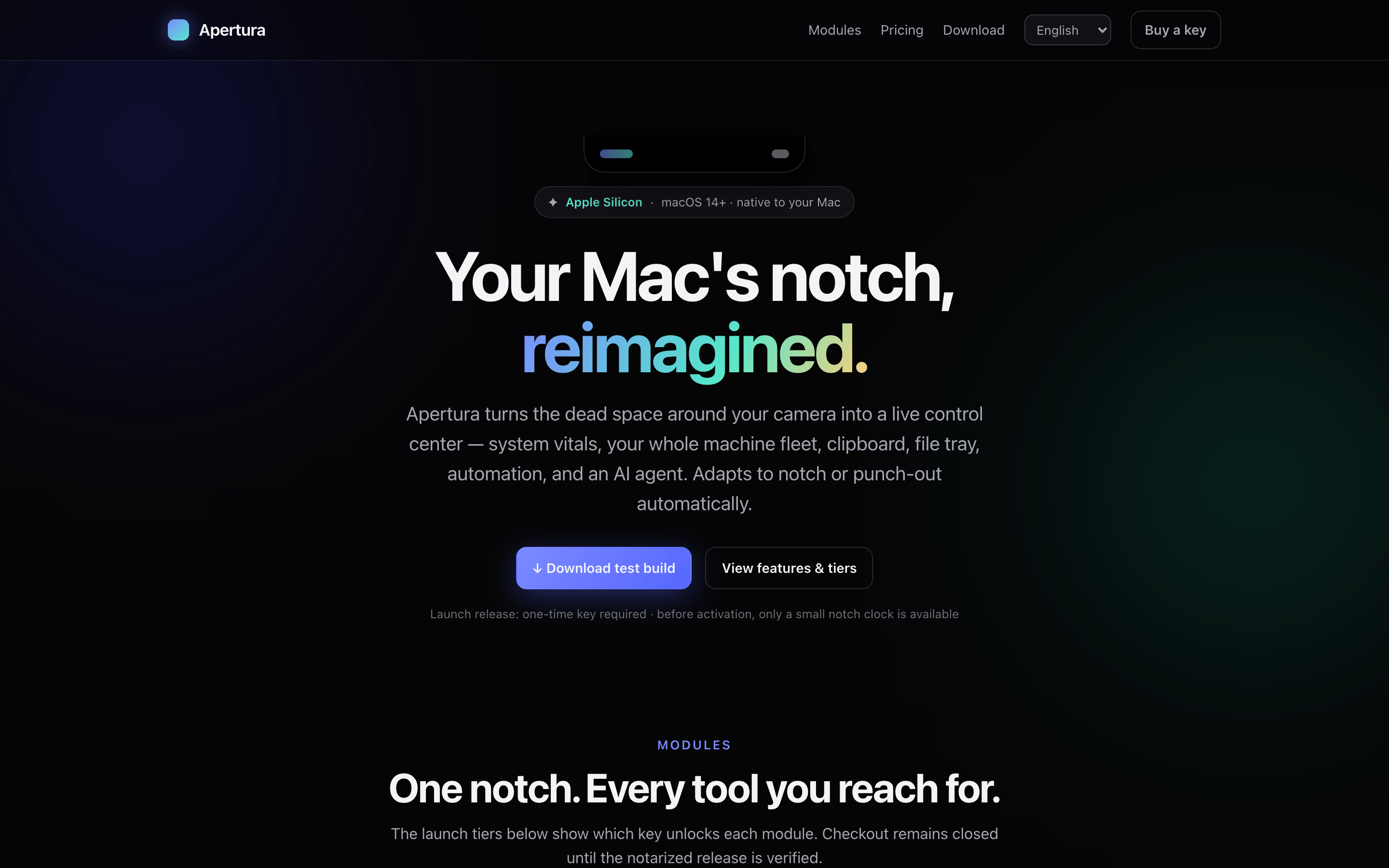 Apertura macOS app home screen showing the notch turned into a command surface.