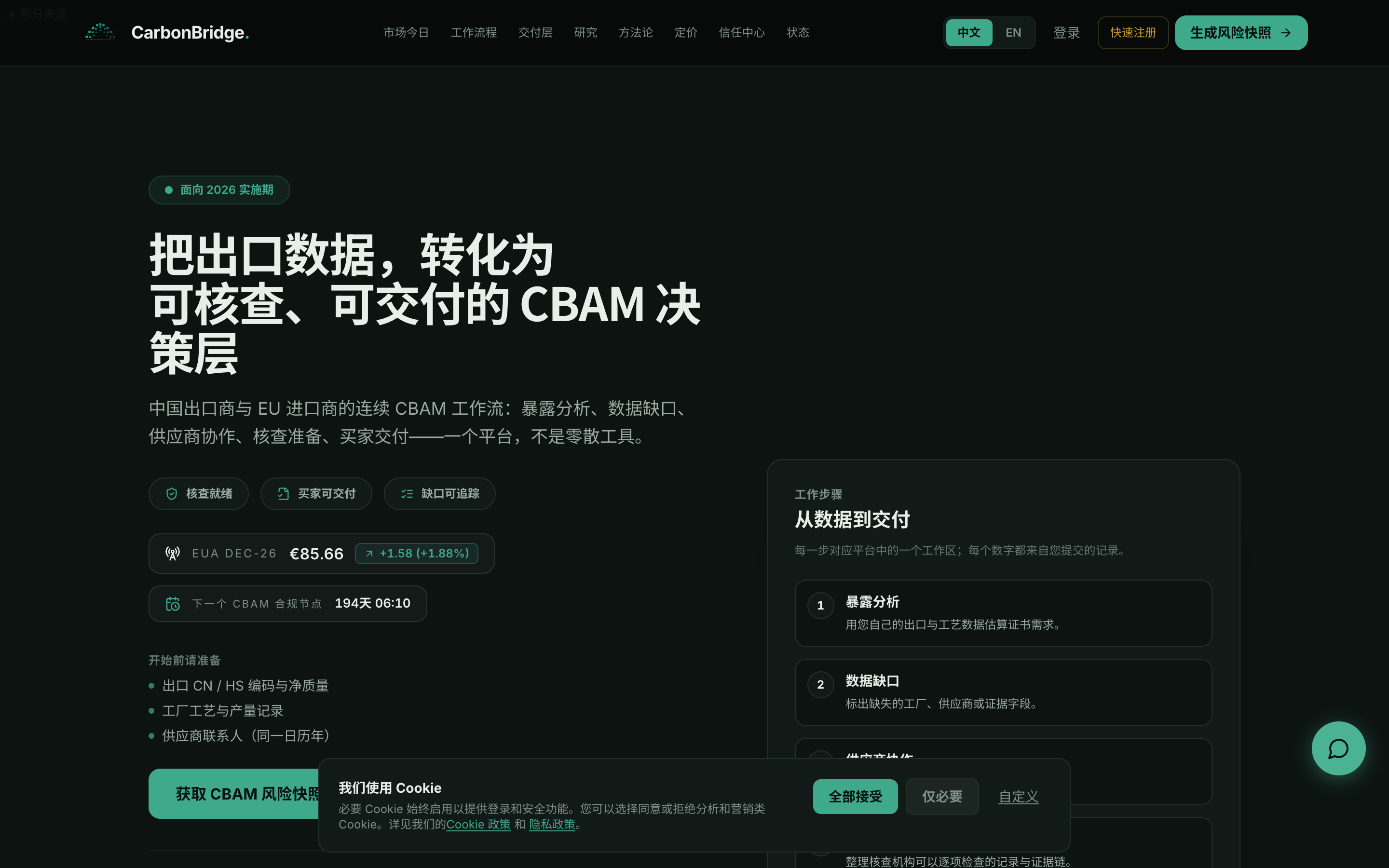 CarbonBridge home page showing the CBAM cross-border carbon compliance dashboard.
